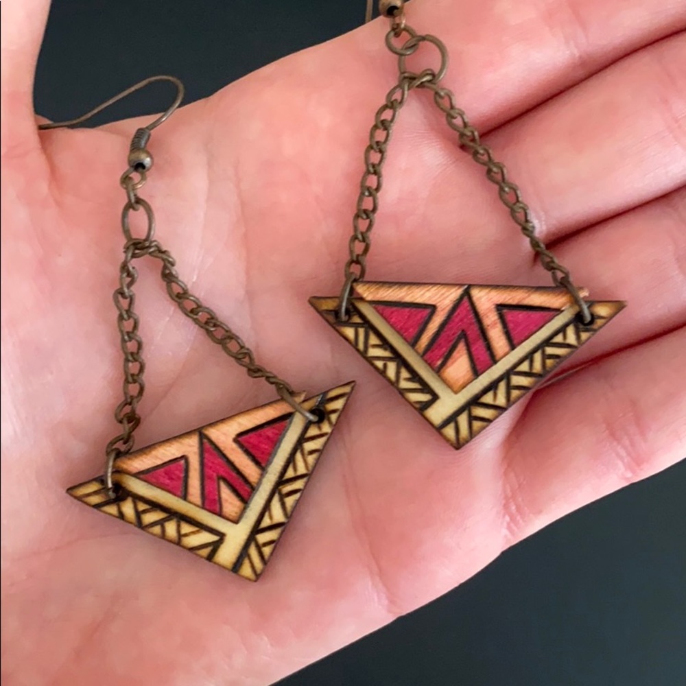 From Hawaii on the island of Kauai. Wooden geometric drop earrings